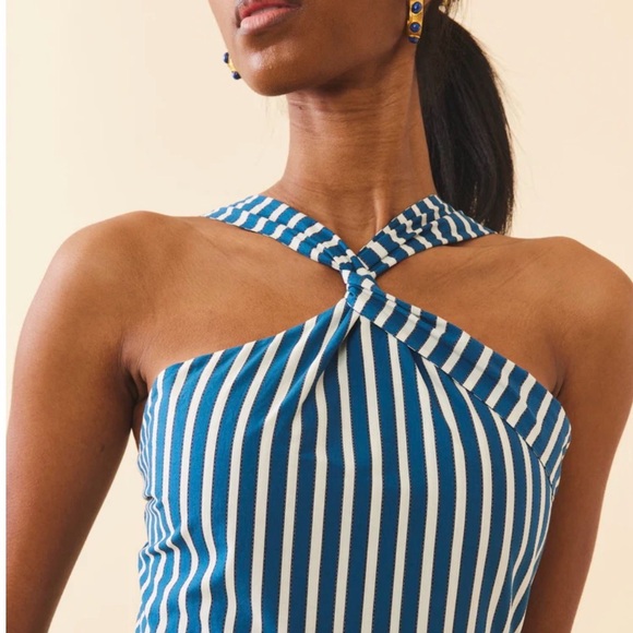 Striped Blue & White Tiered Maxi Dress with Red Trim - Picture 3 of 5